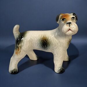 Vintage White & Brown Wire Fox Terrier Ceramic Dog Figurine Japan Hand Painted